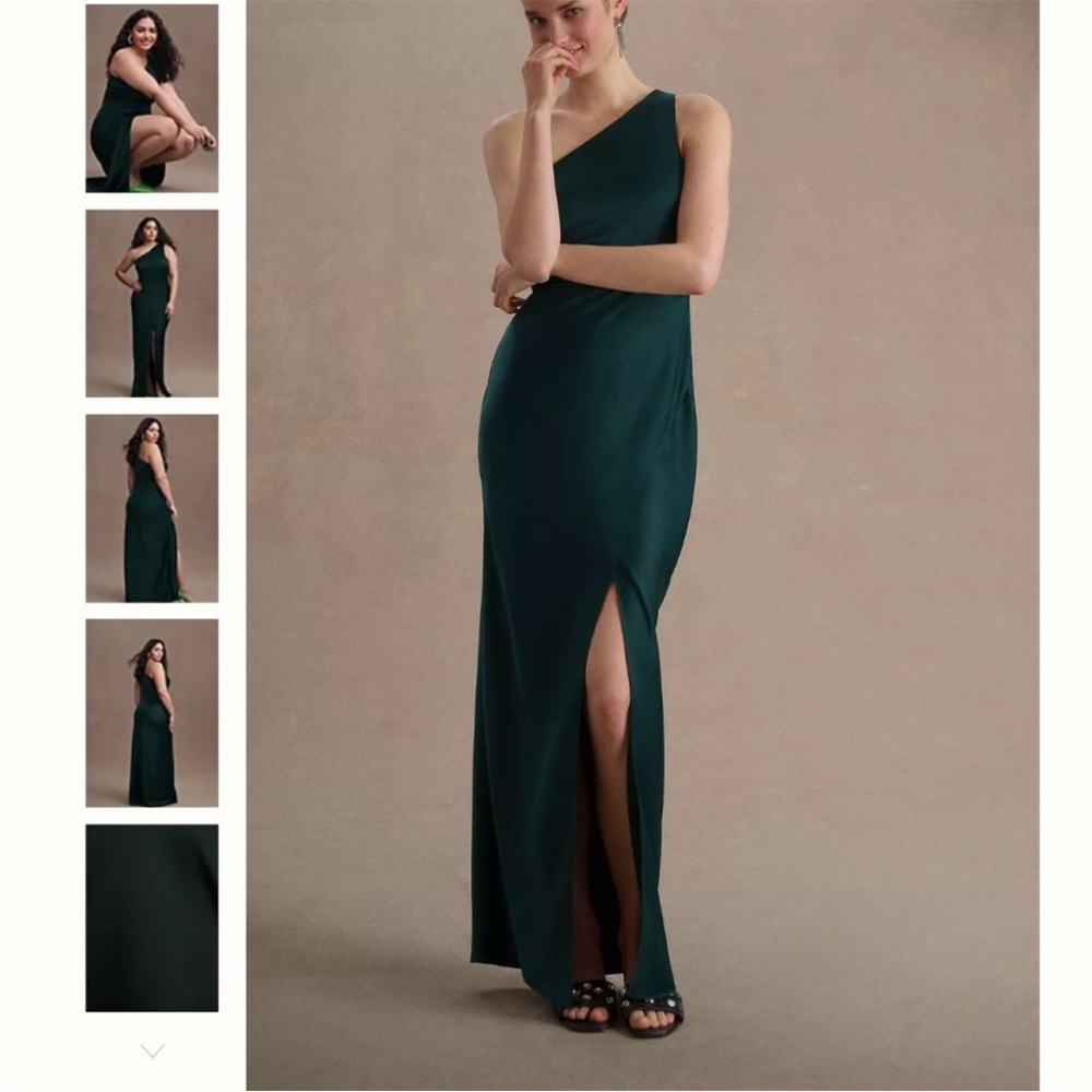 BHLDN Dylan One-Shoulder Satin Side-Slit Gown in Dark Emerald Charmeuse Leg Slit